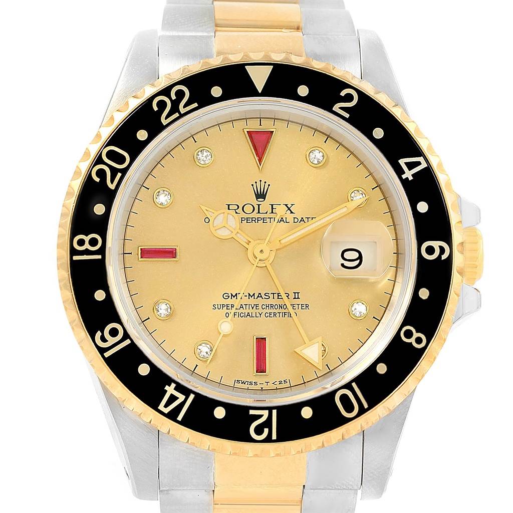 The image shows a front view of a Rolex GMT-Master 16713 Men's Stainless Steel Champagne Dial 16713 Men's Stainless Steel Champagne Dial II watch, highlighting the dial, bezel, and part of the bracelet.