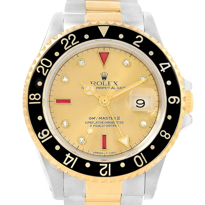 Rolex GMT-Master II Yellow Gold Steel Diamond Ruby Serti Dial Watch 16713 SwissWatchExpo
