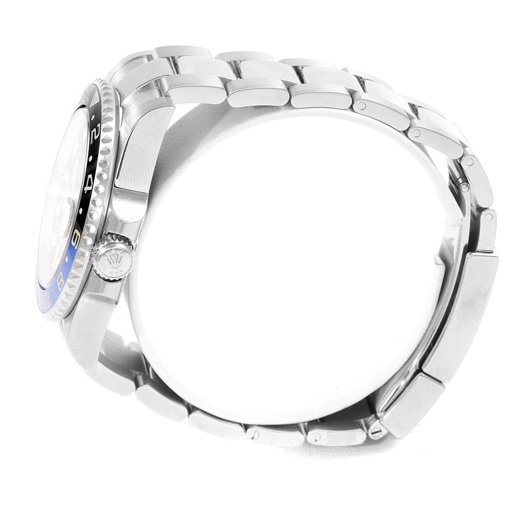 The image shows a side view of a Rolex GMT-Master 116710 Men's Stainless Steel Black Dial 116710 Men's Stainless Steel Black Dial watch, highlighting the bezel, crown, and bracelet.