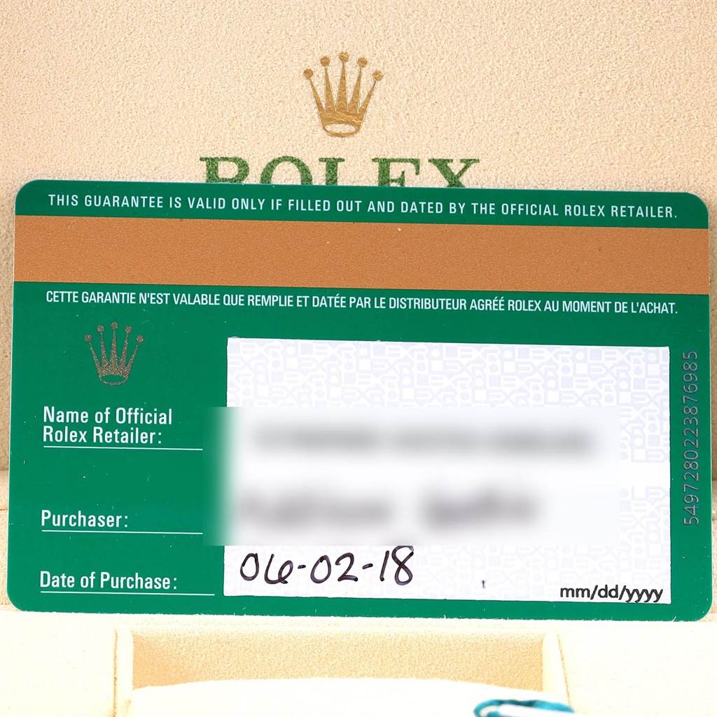 This image shows the official warranty card for a Rolex GMT-Master 116710 Men's Stainless Steel Black Dial 116710 Men's Stainless Steel Black Dial watch.
