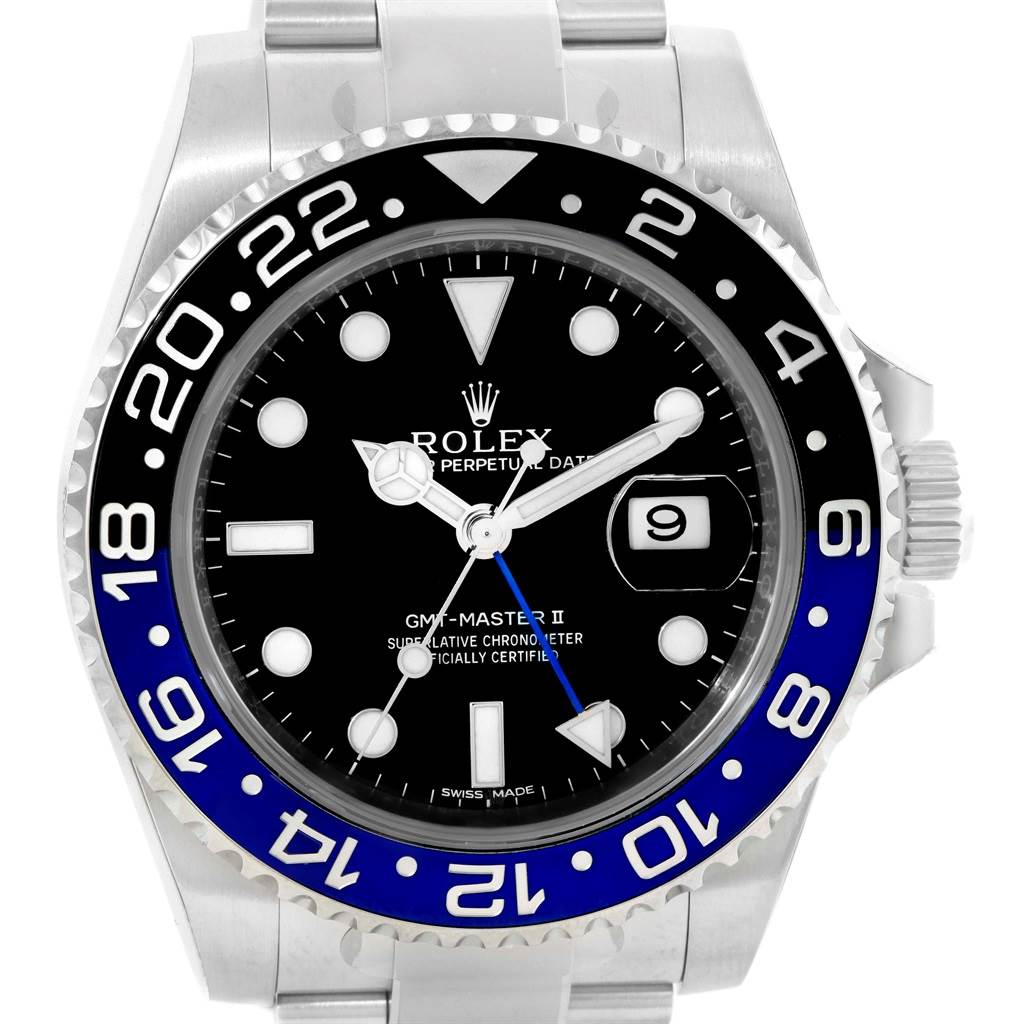 The image shows a frontal view of the Rolex GMT-Master 116710 Men's Stainless Steel Black Dial 116710 Men's Stainless Steel Black Dial II watch, highlighting the bezel, dial, and bracelet.