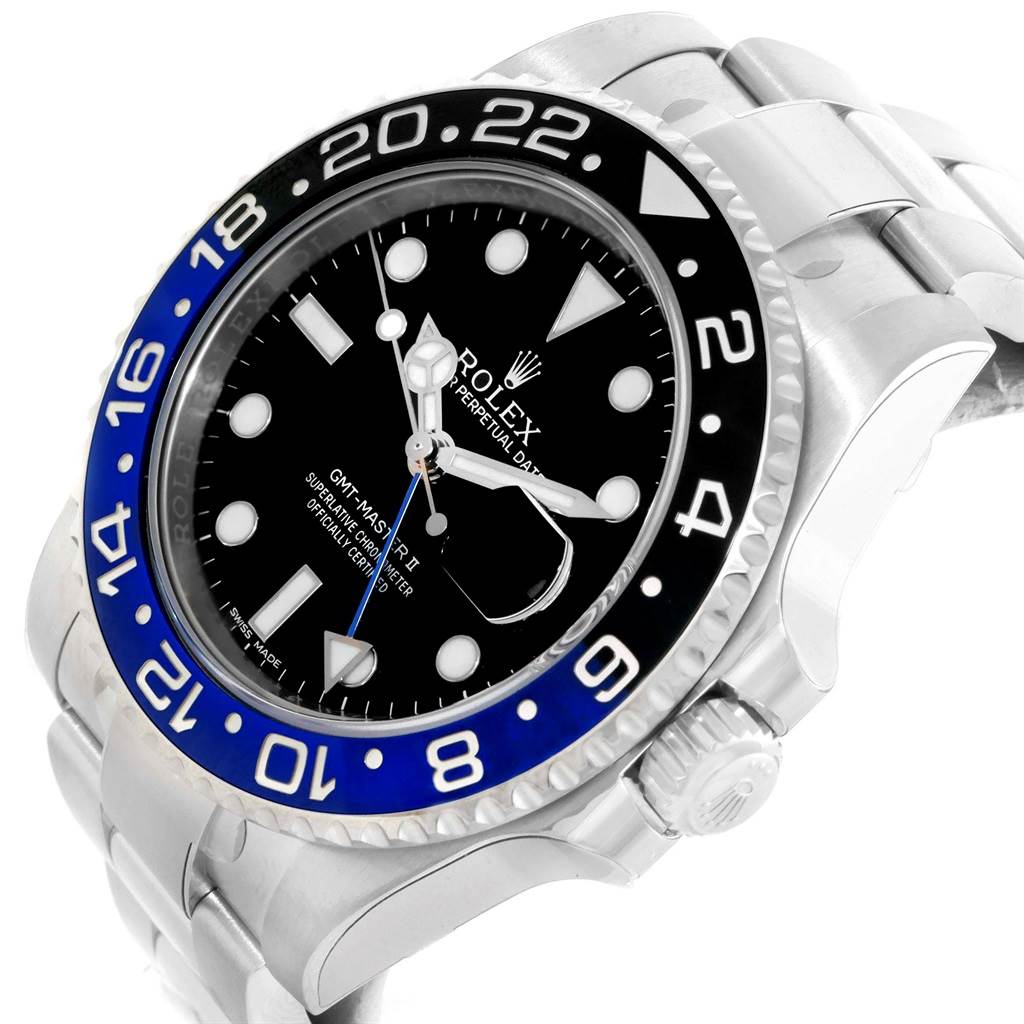 This image shows a close-up, angled view of the face, bezel, and part of the bracelet of a Rolex GMT-Master 116710 Men's Stainless Steel Black Dial 116710 Men's Stainless Steel Black Dial watch.