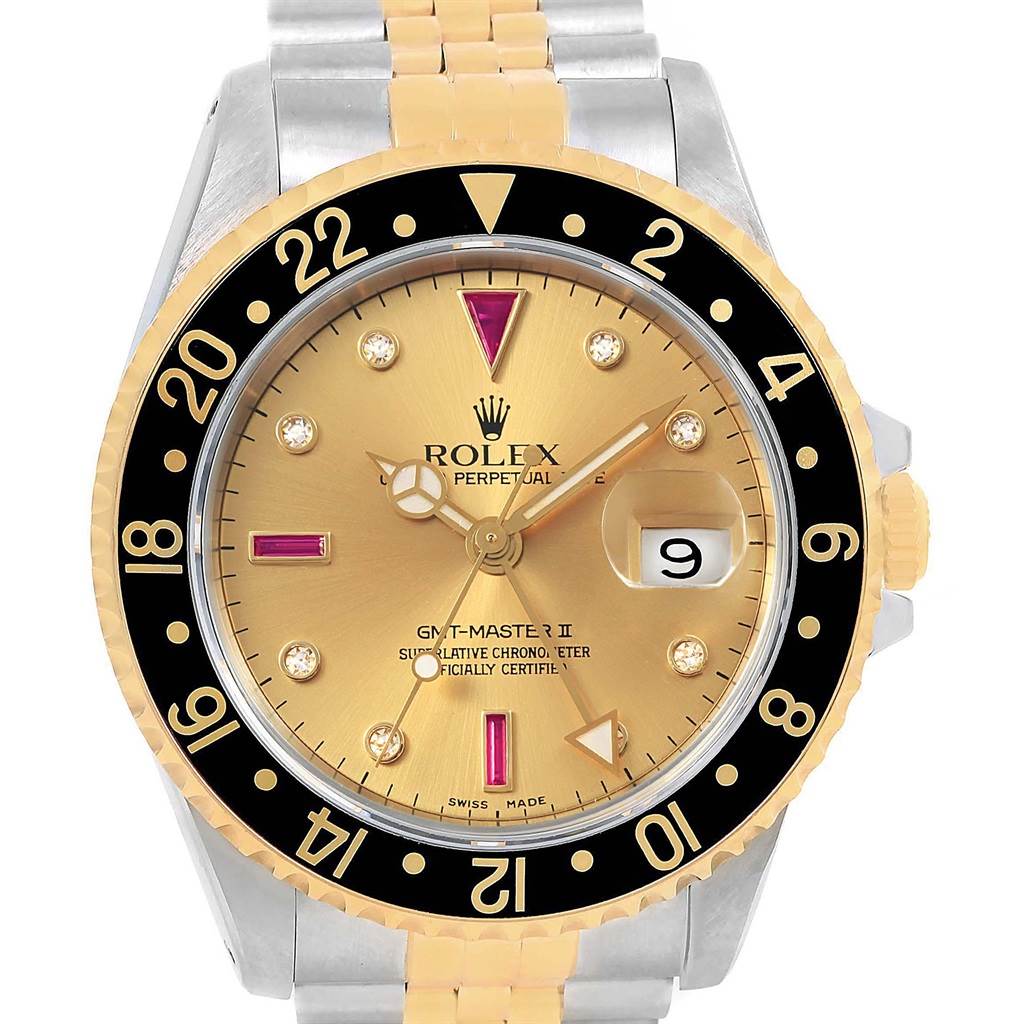 The image shows a frontal view of the Rolex GMT-Master 16713 Men's Steel and Gold (two tone) Champagne Dial 16713 Men's Steel and Gold (two tone) Champagne Dial II watch, highlighting the dial, bezel, and part of the bracelet.