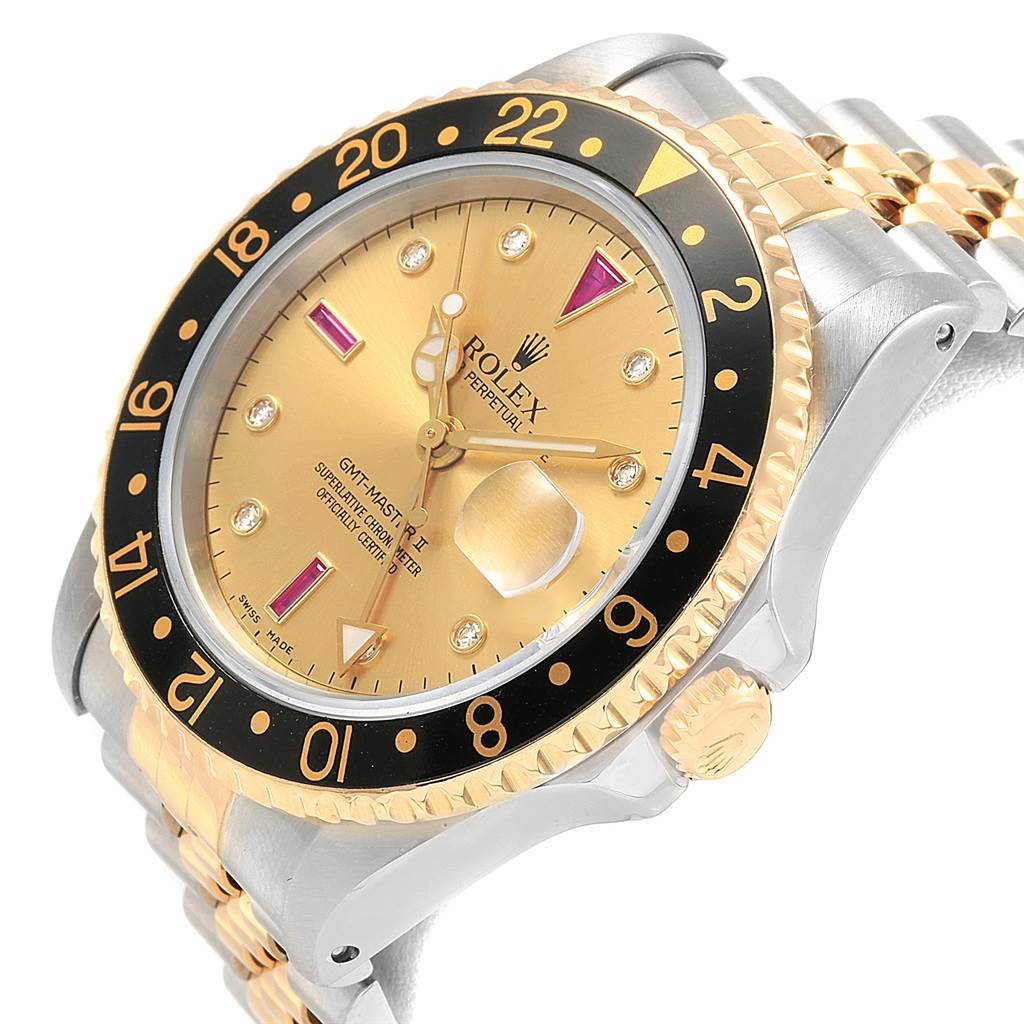 Rolex Gmt Master Ii Yellow Gold Steel Serti Diamond Ruby Watch Box Papers Swisswatchexpo