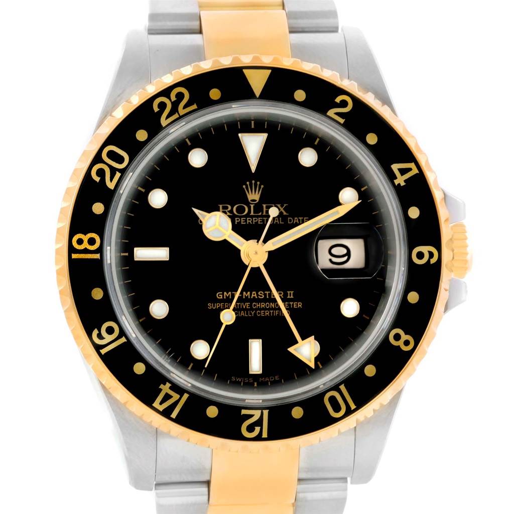 This is a front view of the Rolex GMT-Master 16713 Men's Stainless Steel Black Dial 16713 Men's Stainless Steel Black Dial II watch, showcasing its black dial, numerals, date display, and bi-color metal bracelet.