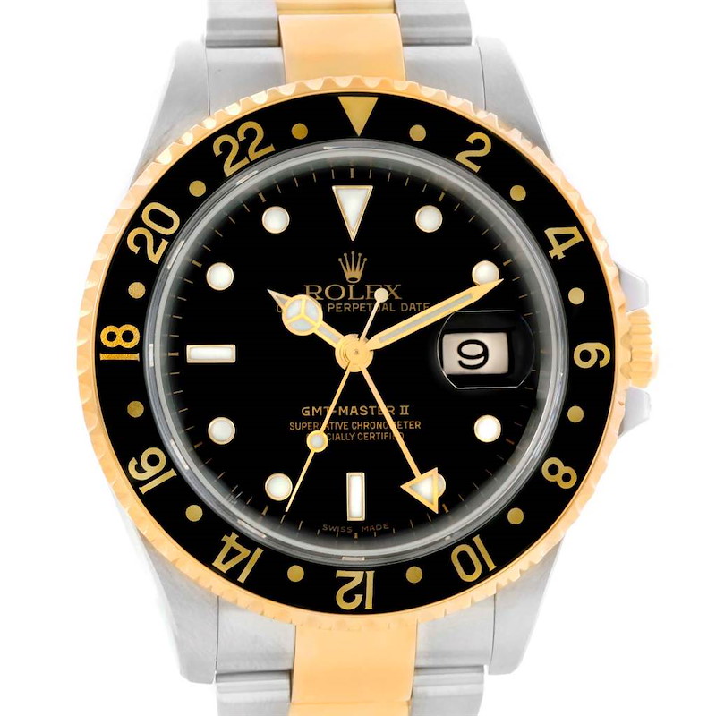 Rolex GMT Master II Yellow Gold Steel Oyster Bracelet Mens Watch 16713 SwissWatchExpo