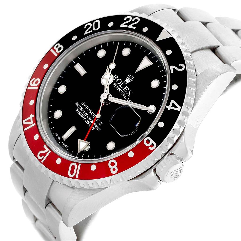 The image showcases the face and bracelet of the Rolex GMT-Master 16710 Men's Stainless Steel Black Dial 16710 Men's Stainless Steel Black Dial II watch at an angled view.