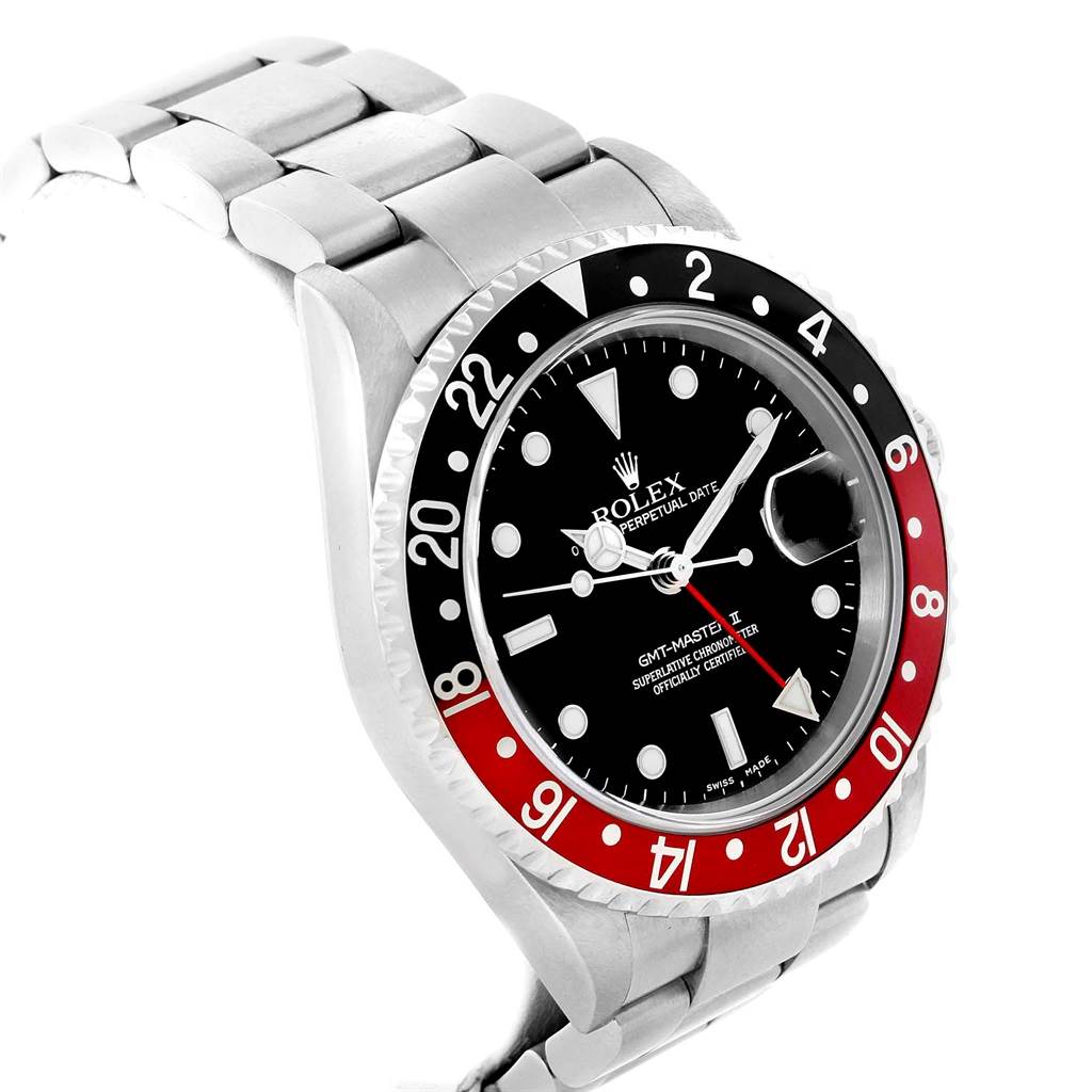 The image shows a side profile of the Rolex GMT-Master 16710 Men's Stainless Steel Black Dial 16710 Men's Stainless Steel Black Dial watch, highlighting its bezel, dial, and part of the bracelet.