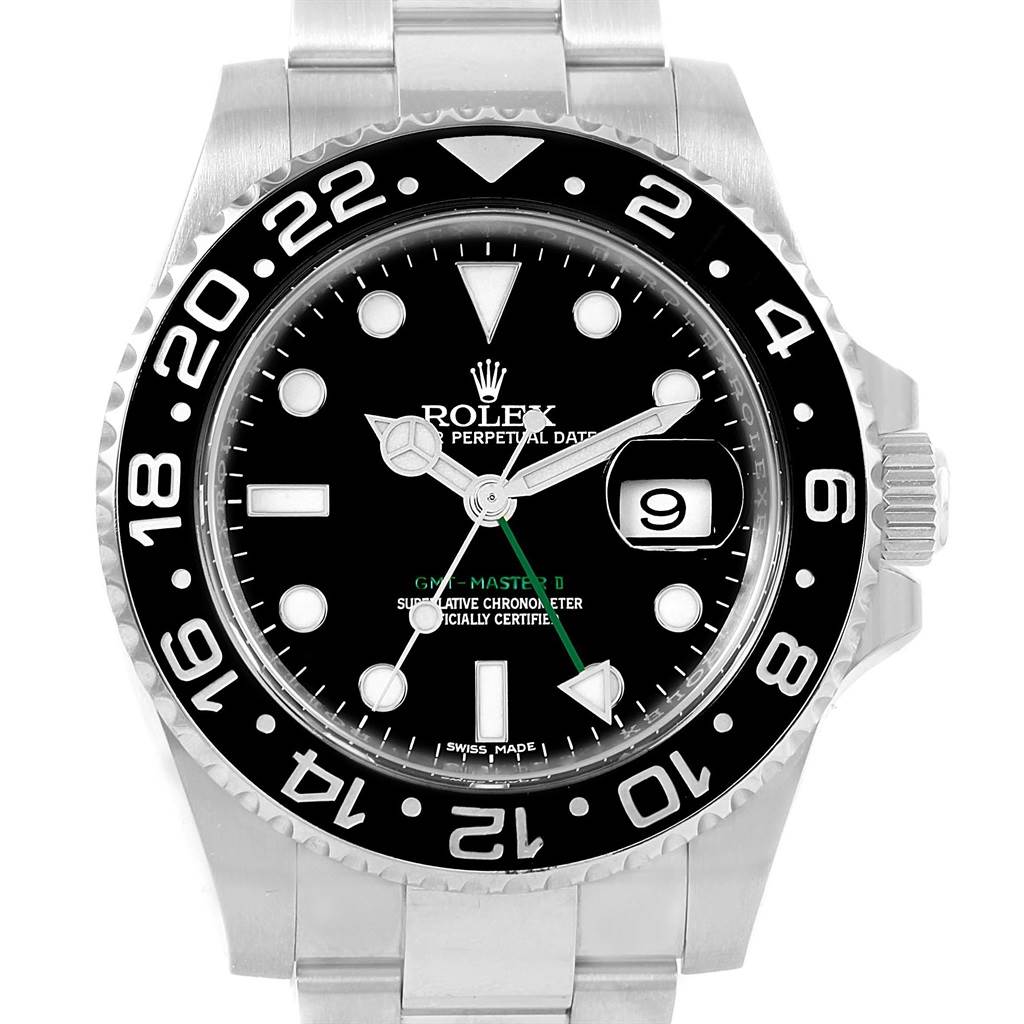 The image shows a frontal view of a Rolex GMT-Master 116710 Men
s Stainless Steel Black Dial 116710 Men
s Stainless Steel Black Dial watch, highlighting the dial, bezel, hands, and bracelet.