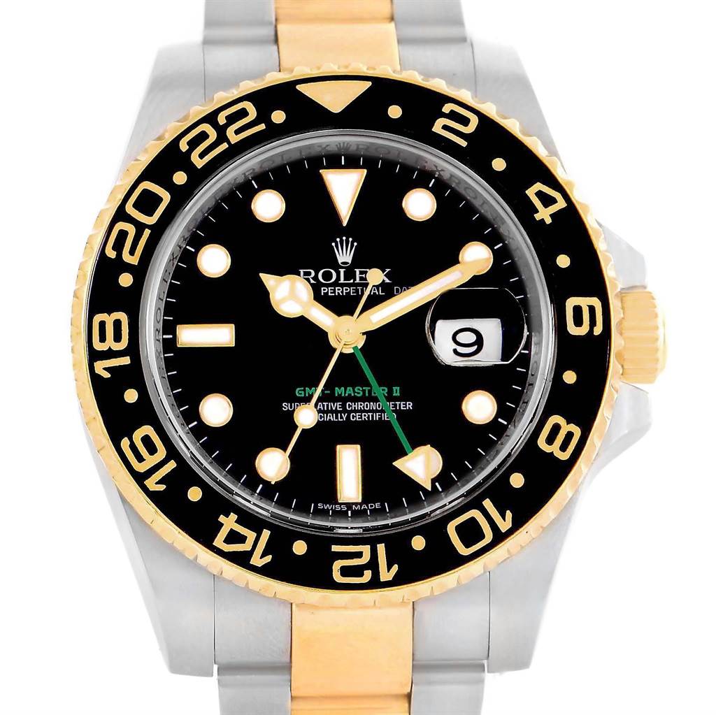 The image shows a front view of a Rolex GMT-Master 116713 Men's Stainless Steel Black Dial 116713 Men's Stainless Steel Black Dial II watch, featuring the dial, bezel, hands, and part of the bracelet.
