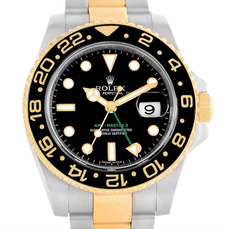 Rolex GMT Master II Yellow Gold Steel Black Dial Mens Watch 116713 SwissWatchExpo