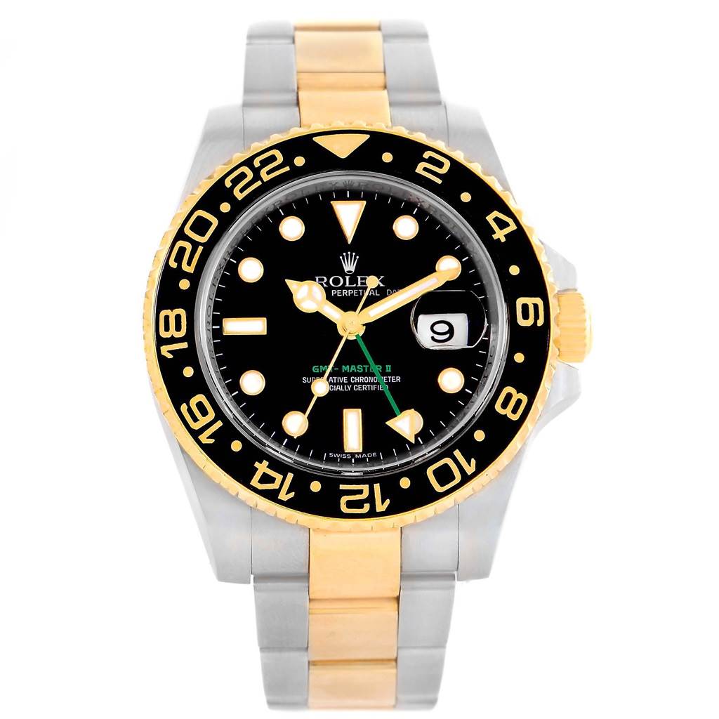 The image shows a frontal view of a Rolex GMT-Master 116713 Men's Stainless Steel Black Dial 116713 Men's Stainless Steel Black Dial II watch, highlighting the dial, bezel, and part of the bracelet.