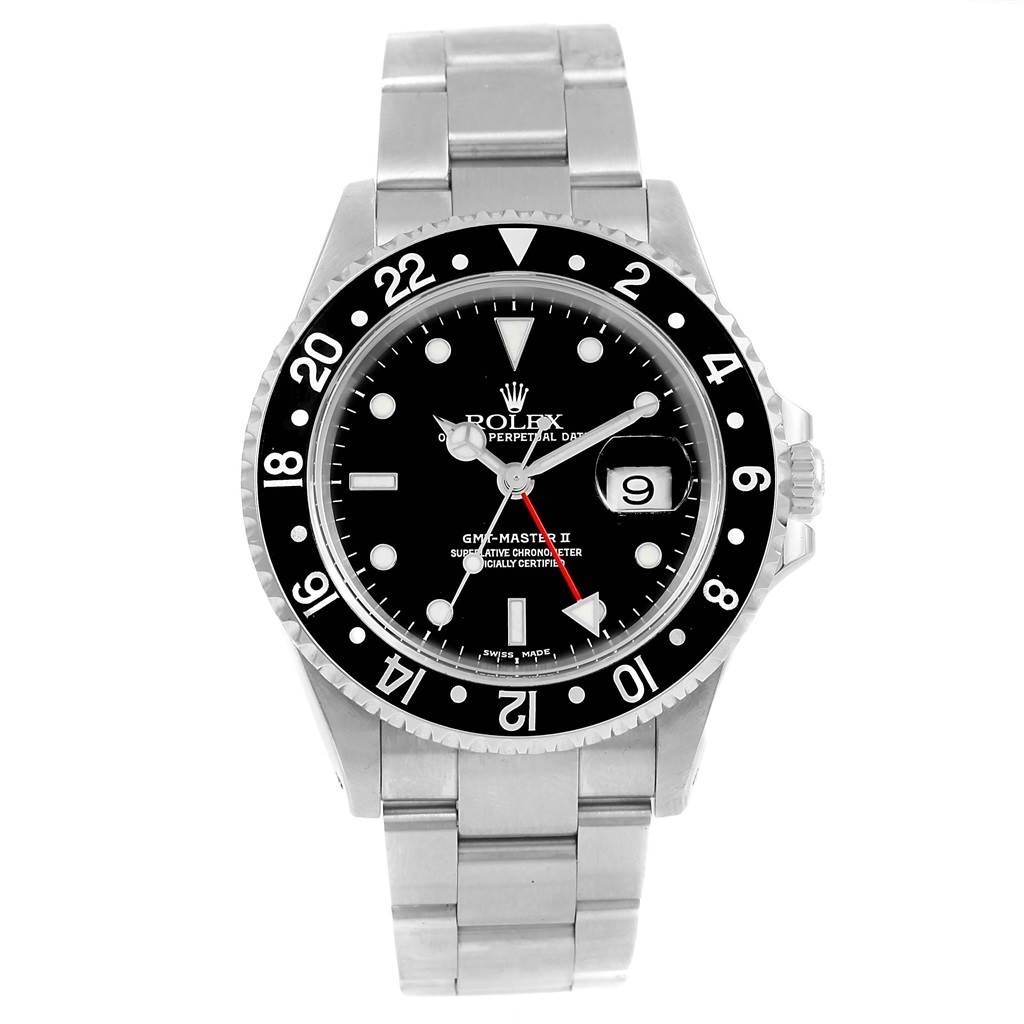 This image shows a front view of a Rolex GMT-Master 16710 Men's Stainless Steel Black Dial 16710 Men's Stainless Steel Black Dial II watch featuring a black dial, date display, and stainless steel bracelet.