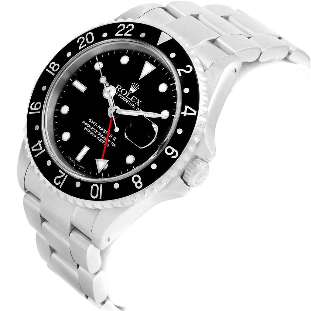 The Rolex GMT-Master 16710 Men's Stainless Steel Black Dial 16710 Men's Stainless Steel Black Dial watch is shown from an angled side view, displaying its face, bezel, and part of the bracelet.