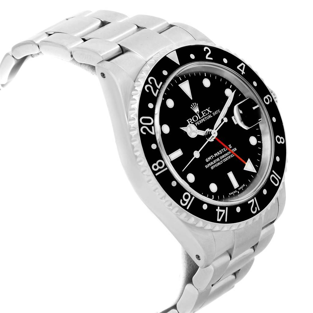 The Rolex GMT-Master 16710 Men's Stainless Steel Black Dial 16710 Men's Stainless Steel Black Dial watch is shown at a three-quarter angle, highlighting its bezel, dial, and bracelet.