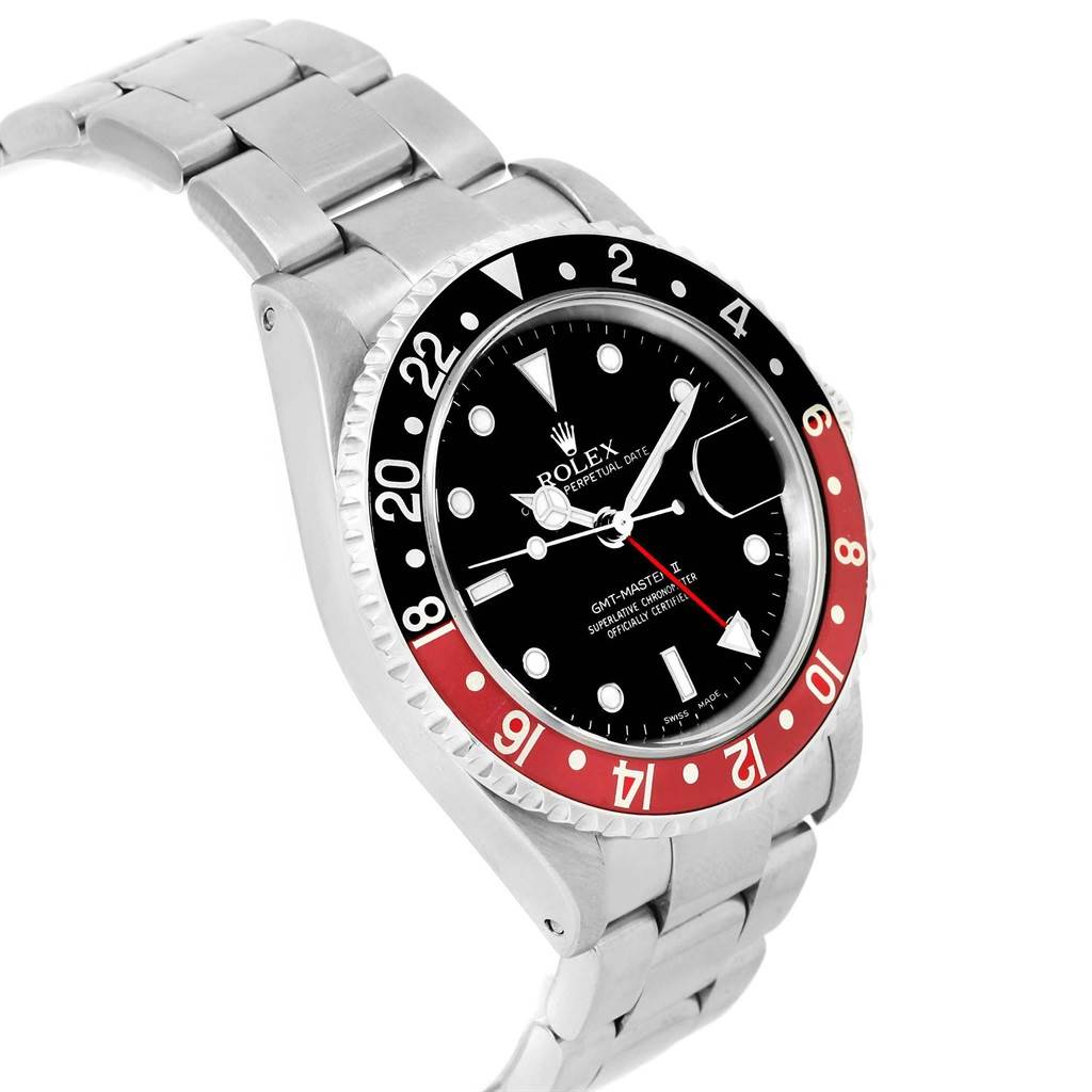 This image shows a side-angle view of the Rolex GMT-Master 16710 Men's Stainless Steel Black Dial 16710 Men's Stainless Steel Black Dial watch, highlighting its bezel, dial, and bracelet.