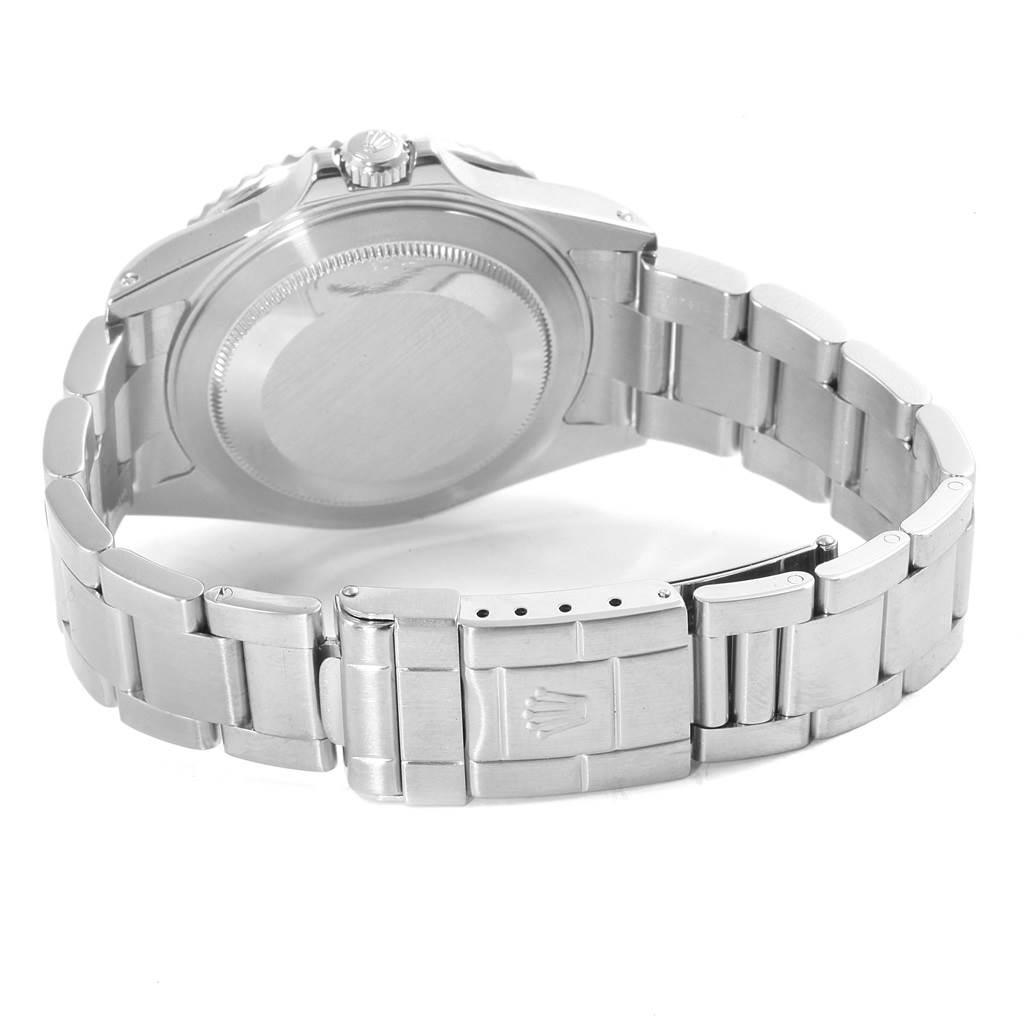 This image shows the back view and bracelet of the Rolex GMT-Master 16710 Men's Stainless Steel Black Dial 16710 Men's Stainless Steel Black Dial watch, highlighting the clasp with the Rolex logo.