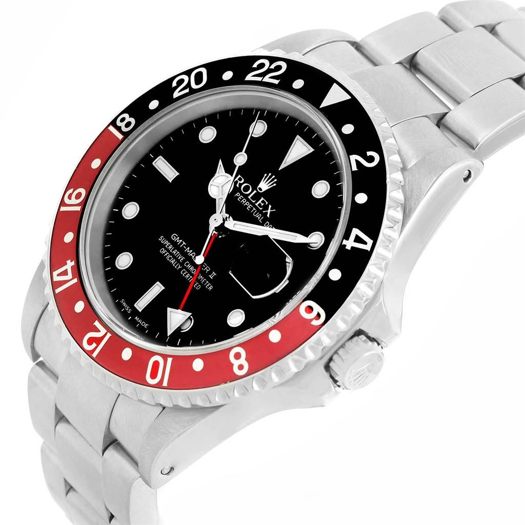 The image shows a Rolex GMT-Master 16710 Men's Stainless Steel Black Dial 16710 Men's Stainless Steel Black Dial watch from an angled side view highlighting the bezel, dial, crown, and part of the bracelet.