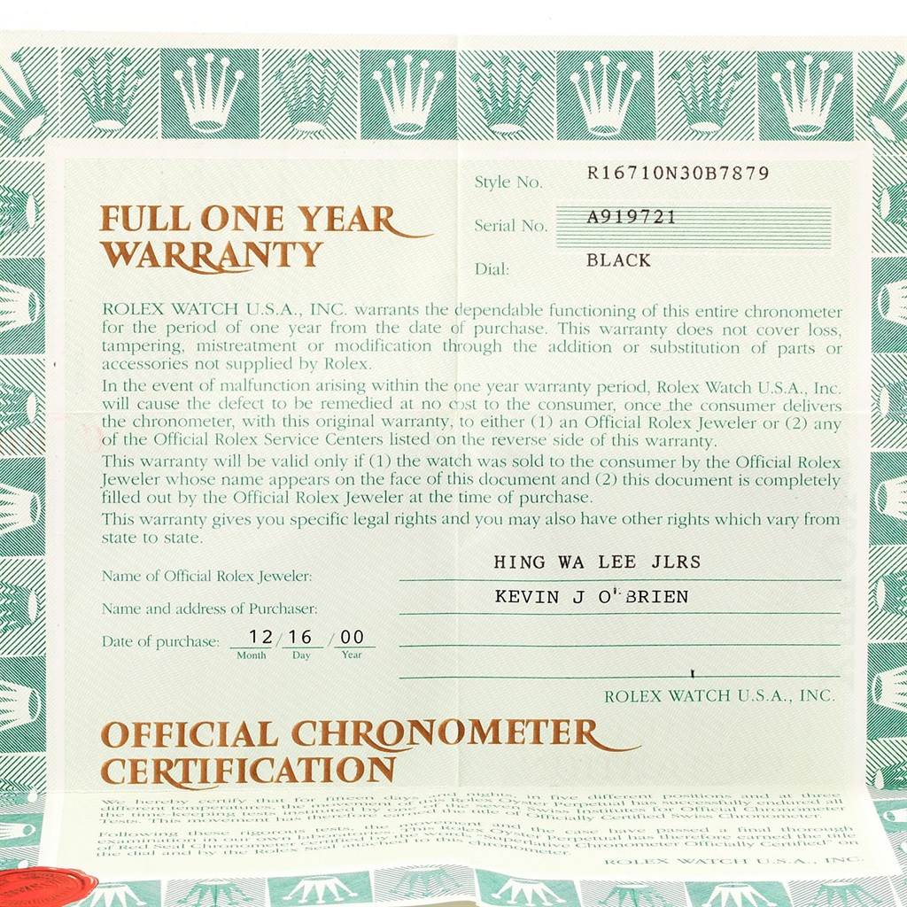 This is a top-down view of the warranty certificate for the Rolex GMT-Master 16710 Men's Stainless Steel Black Dial 16710 Men's Stainless Steel Black Dial watch, showing details like style number, serial number, and purchase date.