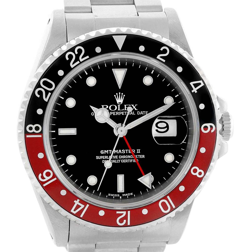 The image shows a front view of a Rolex GMT-Master 16710 Men's Stainless Steel Black Dial 16710 Men's Stainless Steel Black Dial II watch, highlighting its bezel, dial, and bracelet.