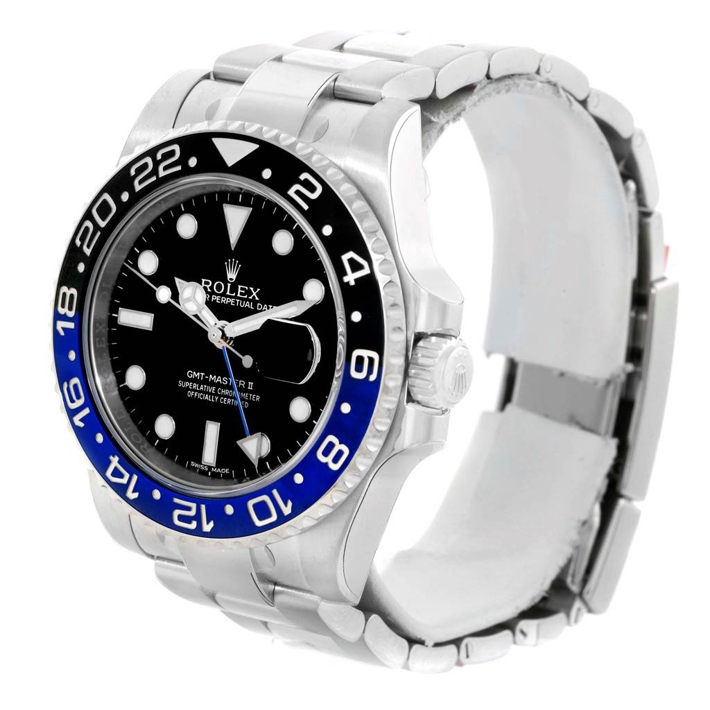 This image shows a Rolex GMT-Master 116710 Men's Stainless Steel Black Dial 116710 Men's Stainless Steel Black Dial II watch at a three-quarter angle, highlighting the dial, bezel, and part of the bracelet.