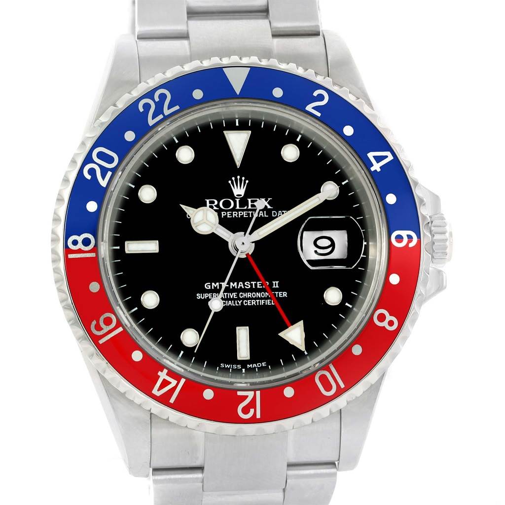 This image shows a Rolex GMT-Master 16710 Men's Stainless Steel Black Dial 16710 Men's Stainless Steel Black Dial II watch from the front, highlighting the bezel, dial, hands, date window, and part of the bracelet.