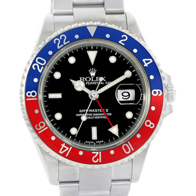 Rolex GMT Master II Blue Red Pepsi Bezel Steel Automatic Watch 16710 SwissWatchExpo