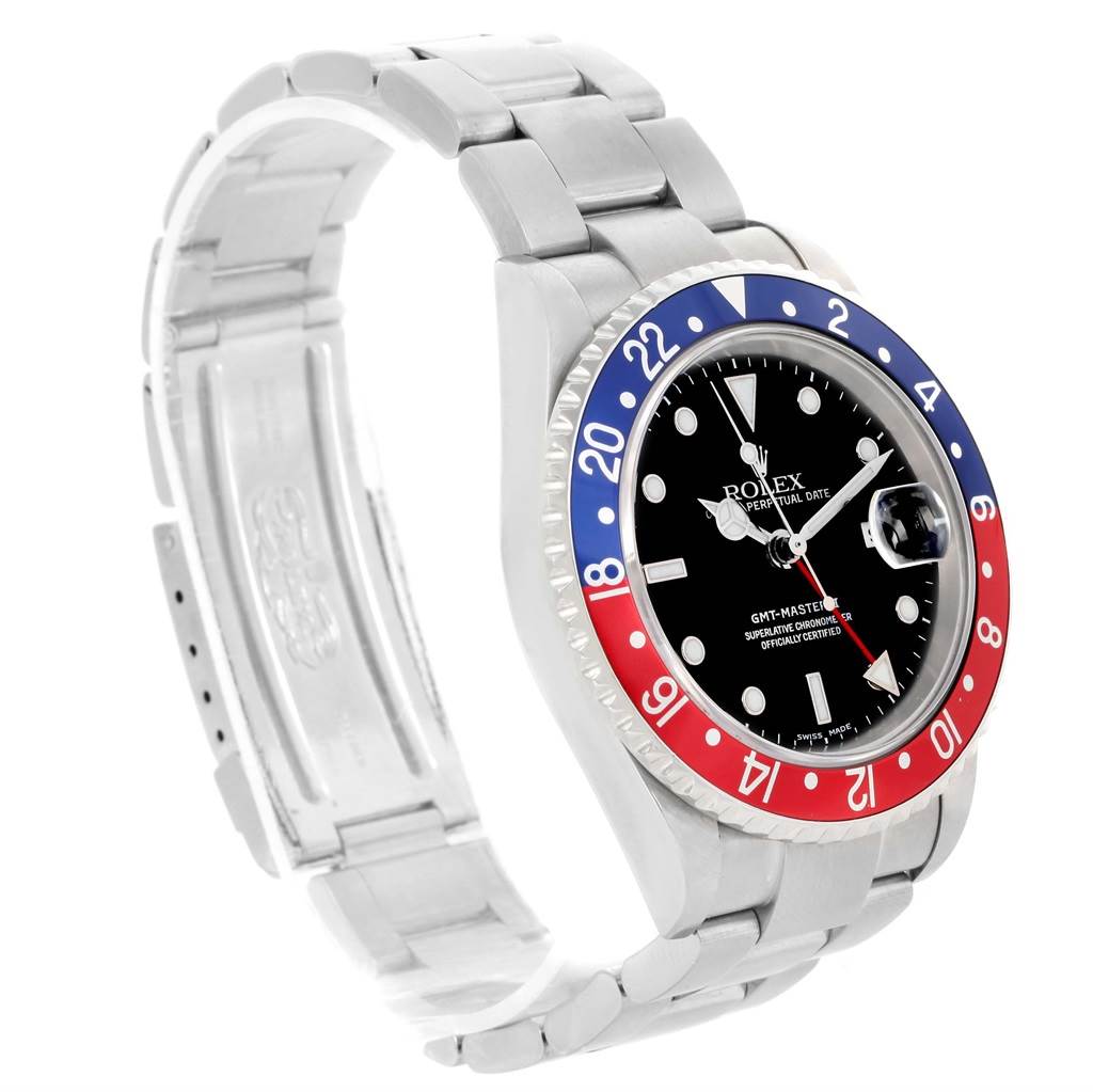The image shows a side-angle view of a Rolex GMT-Master 16710 Men's Stainless Steel Black Dial 16710 Men's Stainless Steel Black Dial watch, highlighting its bezel, dial, and partial bracelet.