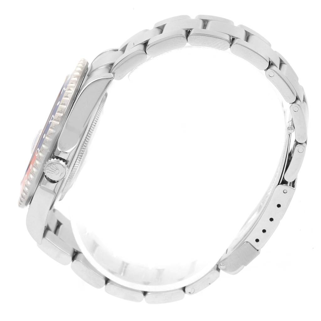 The image shows a side view angle of the Rolex GMT-Master 16710 Men's Stainless Steel Black Dial 16710 Men's Stainless Steel Black Dial watch, focusing on the bracelet, crown, and part of the bezel.