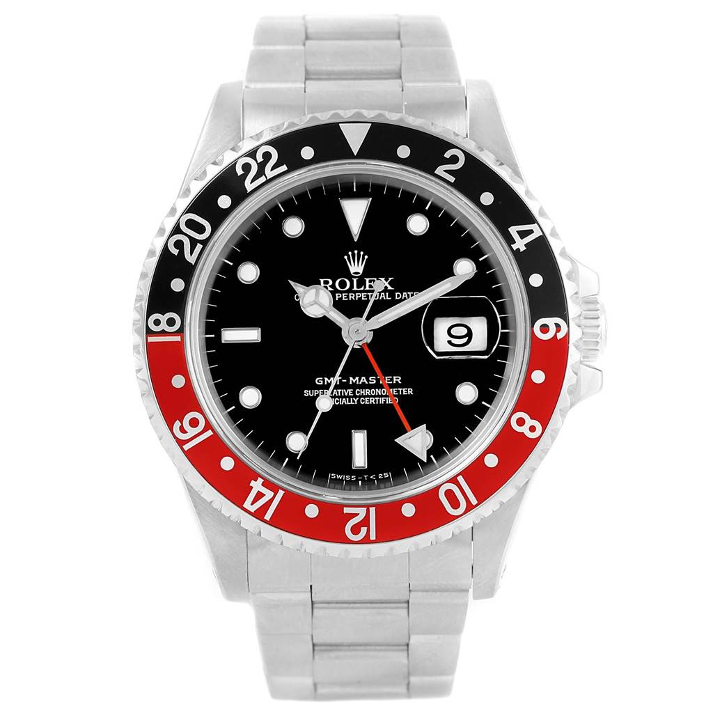 The image shows a front-facing view of a Rolex GMT-Master 16700 Men's Stainless Steel Black Dial 16700 Men's Stainless Steel Black Dial watch, highlighting its dial, bezel, and bracelet.
