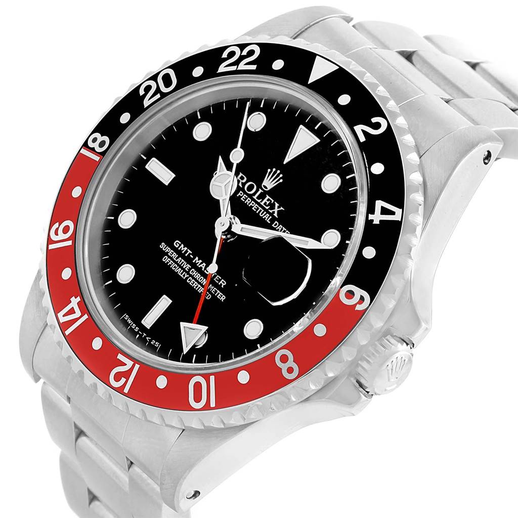 The image shows a Rolex GMT-Master 16700 Men's Stainless Steel Black Dial 16700 Men's Stainless Steel Black Dial watch at a slightly angled side view, displaying the bezel, dial, and part of the bracelet.