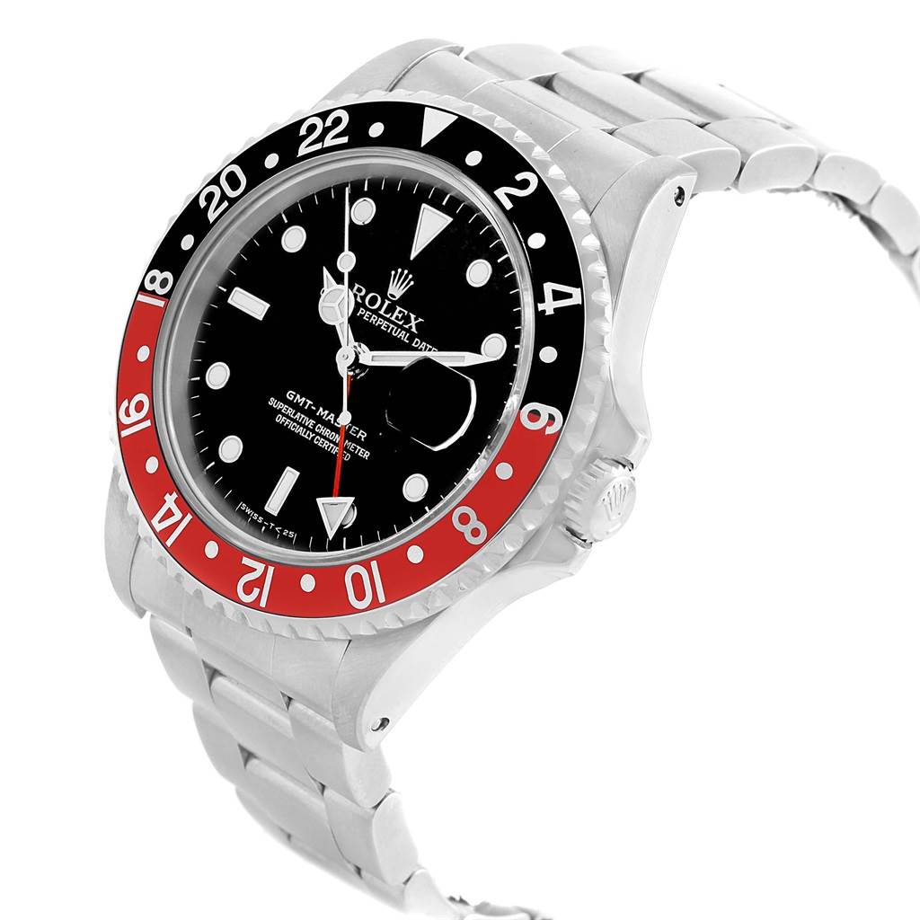 The Rolex GMT-Master 16700 Men's Stainless Steel Black Dial 16700 Men's Stainless Steel Black Dial watch is shown at a three-quarter angle, highlighting its black and red bezel, black dial, and metal bracelet.
