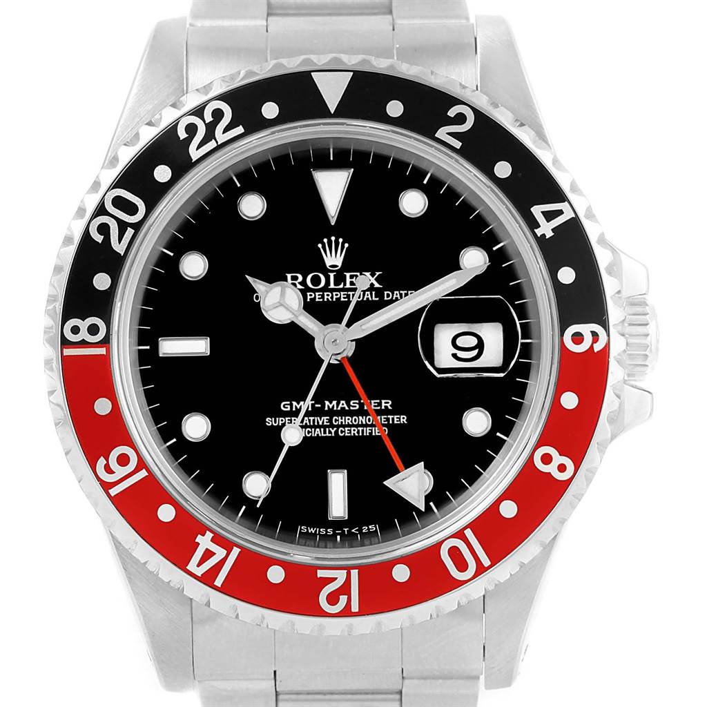 The image shows a front view of the Rolex GMT-Master 16700 Men's Stainless Steel Black Dial 16700 Men's Stainless Steel Black Dial watch, highlighting its black and red bezel, black dial, date window, and hands.