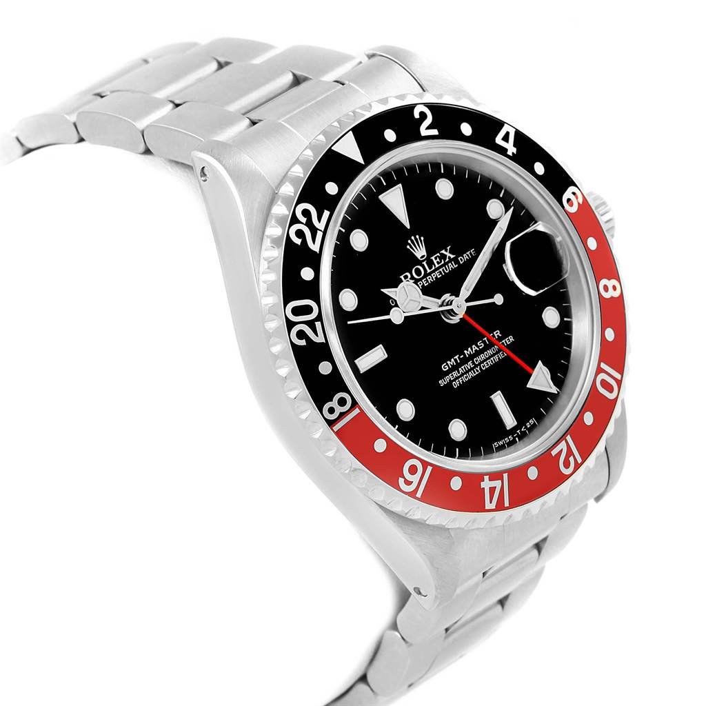 This image shows a side view of a Rolex GMT-Master 16700 Men's Stainless Steel Black Dial 16700 Men's Stainless Steel Black Dial watch, highlighting its bezel, dial, and bracelet.