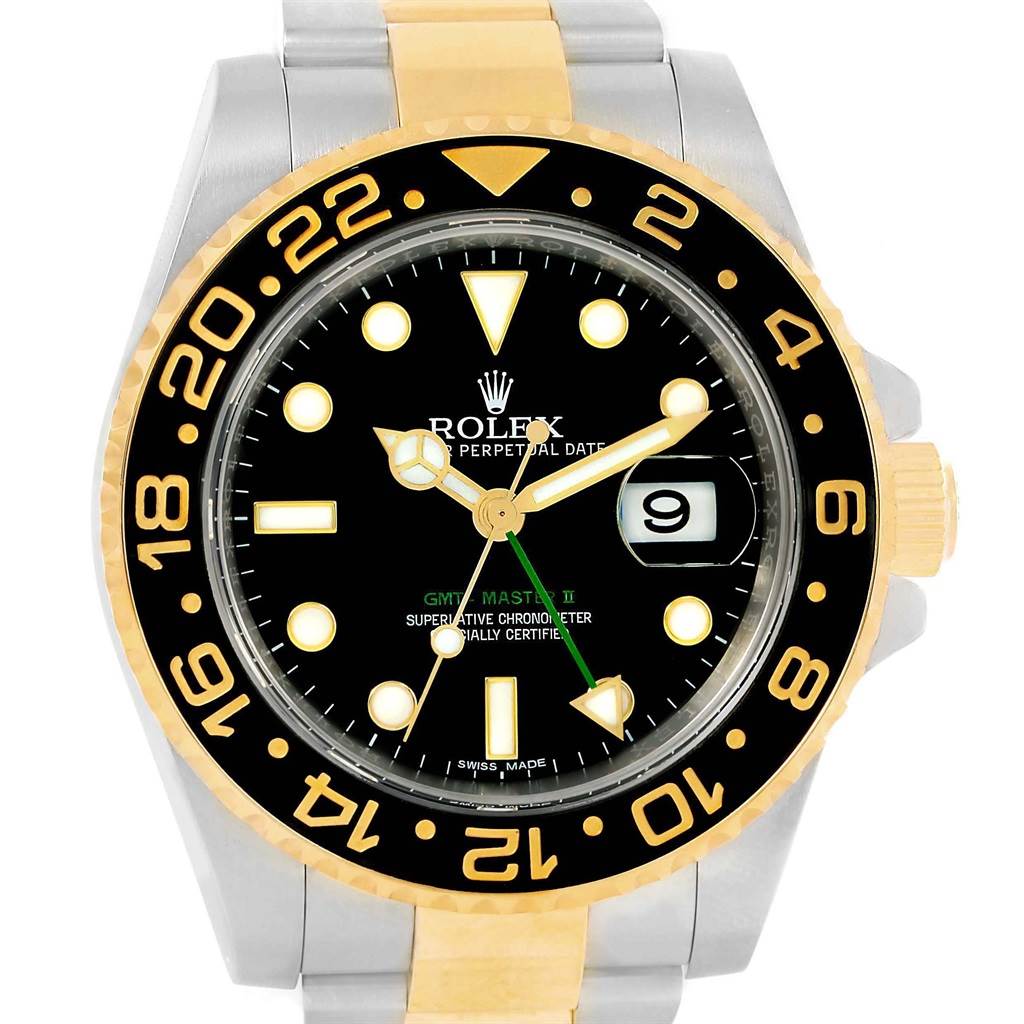 This image shows a front view of a Rolex GMT-Master 116713 Men's Stainless Steel Black Dial 116713 Men's Stainless Steel Black Dial II watch, featuring a black dial, gold accents, and a date window.