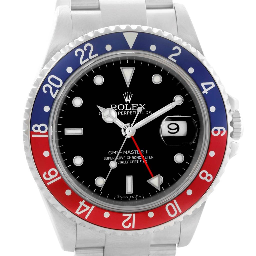 The image shows a front view of a Rolex GMT-Master 16710 Men's Stainless Steel Black Dial 16710 Men's Stainless Steel Black Dial II watch, highlighting the dial, bezel, and bracelet.