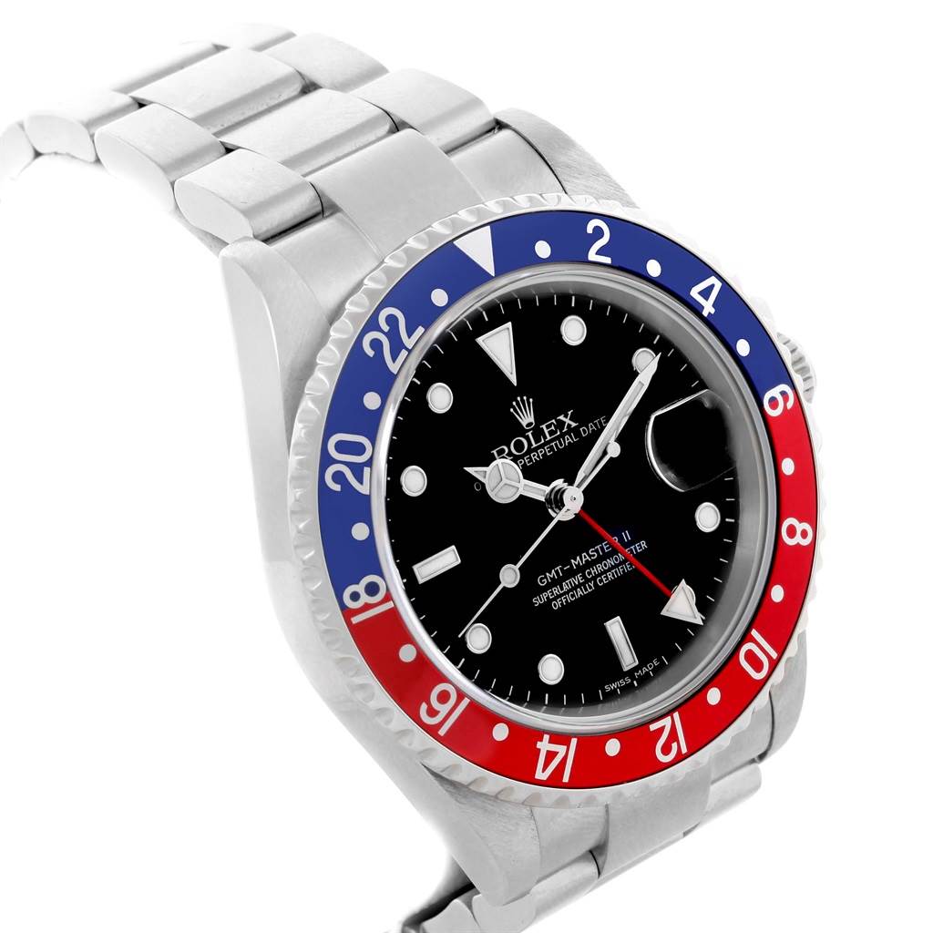 The image shows a Rolex GMT-Master 16710 Men's Stainless Steel Black Dial 16710 Men's Stainless Steel Black Dial watch with a focus on the face, bezel, and part of the bracelet from a three-quarters angle.