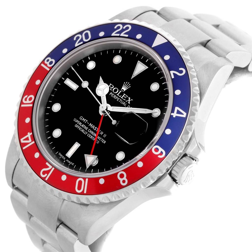 This image shows a close-up, angled view of a Rolex GMT-Master 16710 Men's Stainless Steel Black Dial 16710 Men's Stainless Steel Black Dial II watch, highlighting its bezel, dial, and bracelet.