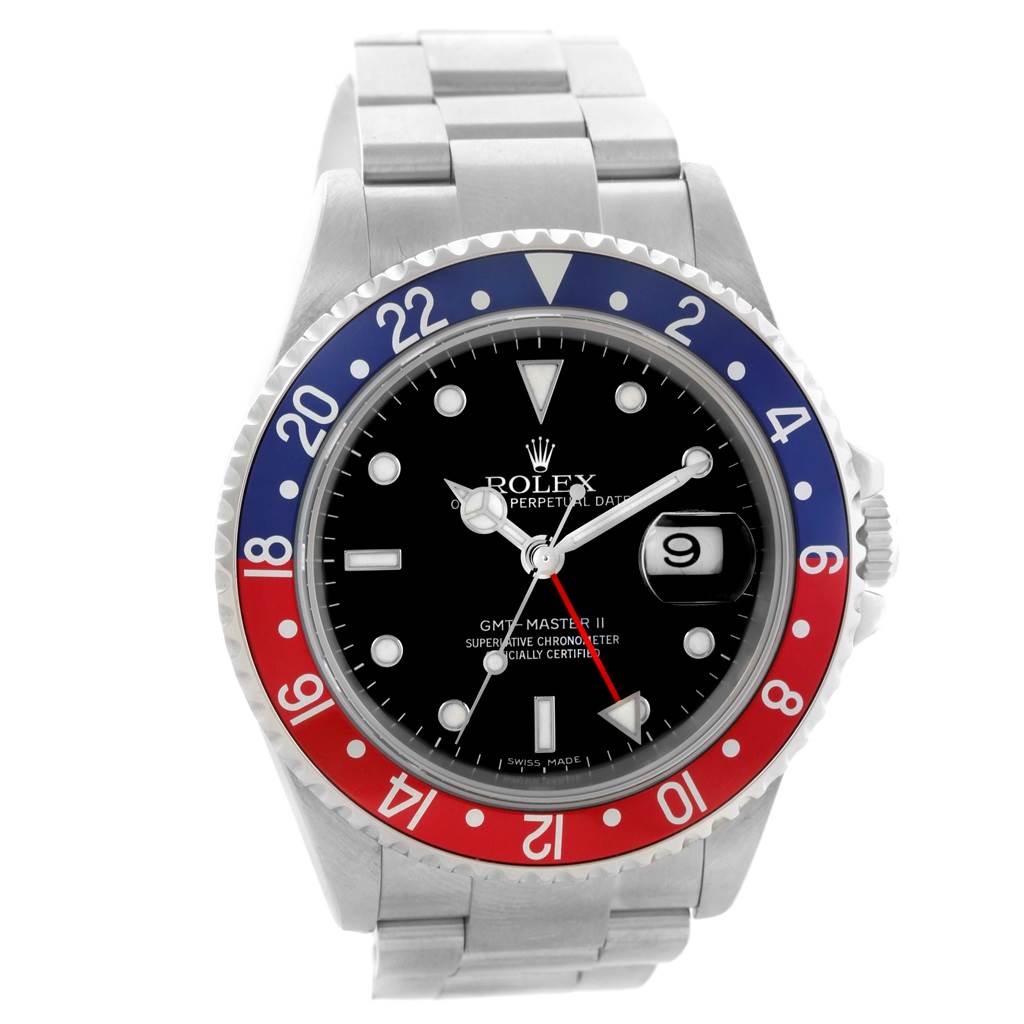 The image shows a front view of a Rolex GMT-Master 16710 Men's Stainless Steel Black Dial 16710 Men's Stainless Steel Black Dial II watch, highlighting the dial, bezel, and bracelet.