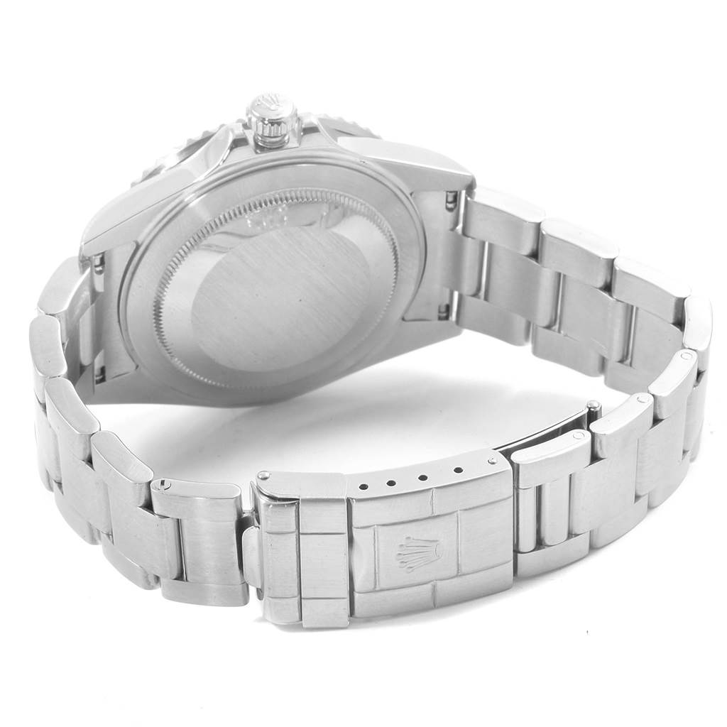 This image shows the back side and clasp of a Rolex GMT-Master 16710 Men's Stainless Steel Black Dial 16710 Men's Stainless Steel Black Dial watch, focusing on the Oyster bracelet and case back.