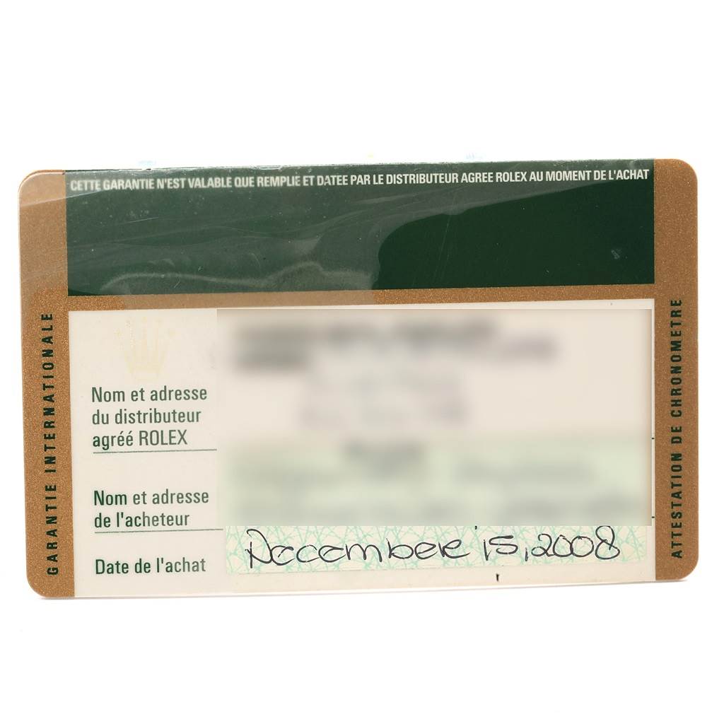 The image shows the guarantee card for a Rolex GMT-Master 16710 Men's Stainless Steel Black Dial 16710 Men's Stainless Steel Black Dial model, detailing the distributor's and buyer's information along with the purchase date.