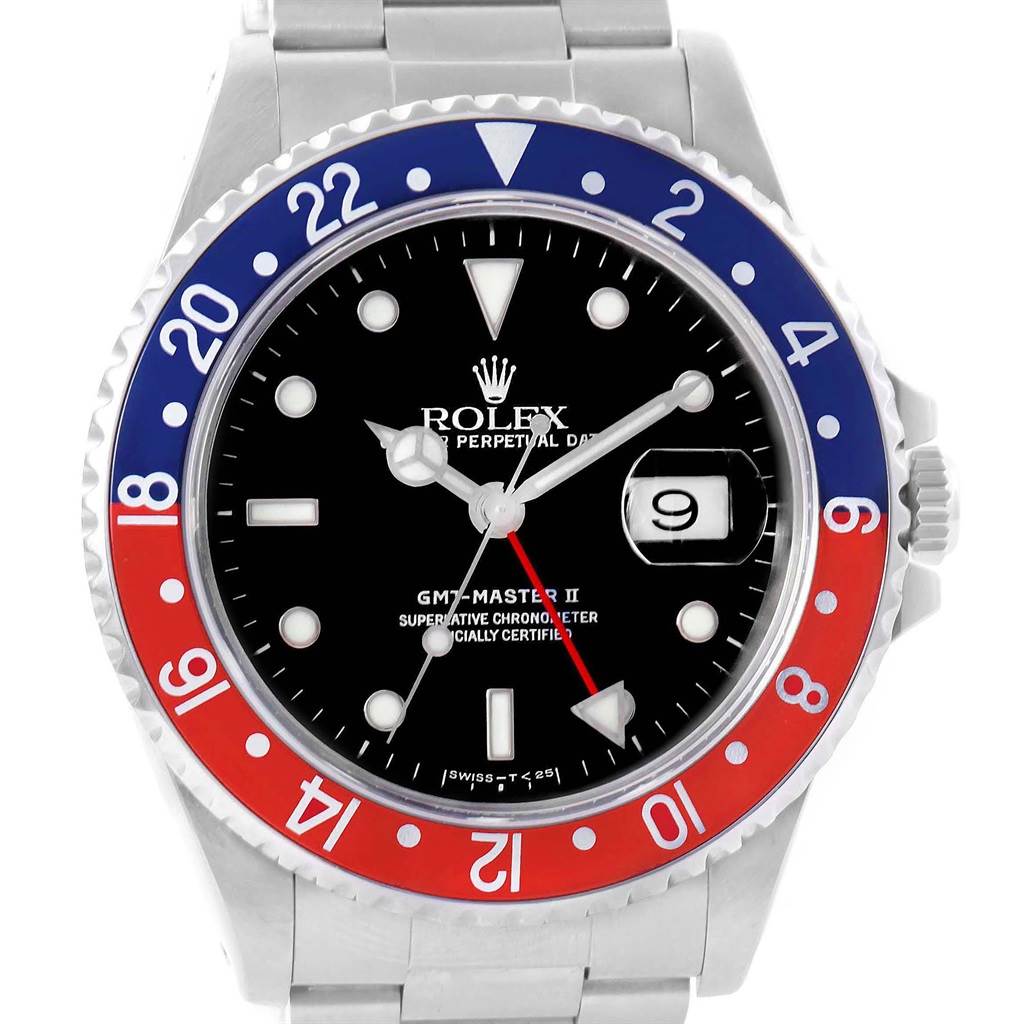 This image shows a front view of a Rolex GMT-Master 16710 Men's Stainless Steel Black Dial 16710 Men's Stainless Steel Black Dial II watch, highlighting the face, bezel, and part of the bracelet.