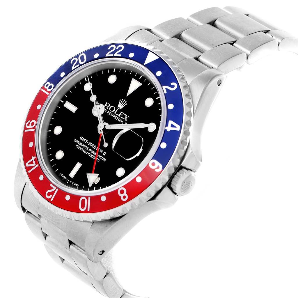 The Rolex GMT-Master 16710 Men's Stainless Steel Black Dial 16710 Men's Stainless Steel Black Dial watch is shown at a slight side angle, highlighting the bezel, dial, and part of the bracelet.