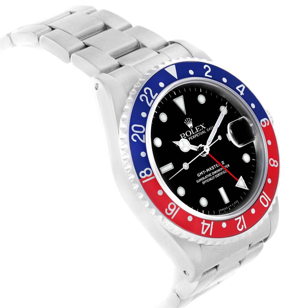 The image shows a side angle of the Rolex GMT-Master 16710 Men's Stainless Steel Black Dial 16710 Men's Stainless Steel Black Dial watch, highlighting its bezel, dial, and bracelet.