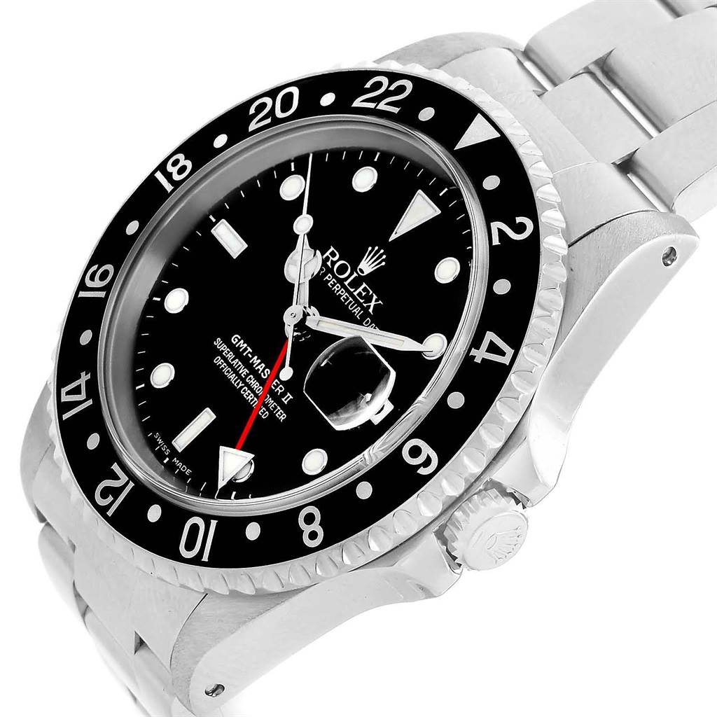 This image shows a side-angle view of the Rolex GMT-Master 16710 Men's Stainless Steel Black Dial 16710 Men's Stainless Steel Black Dial watch, highlighting its face, bezel, and part of the bracelet.