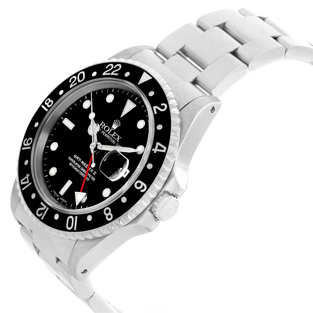 The image shows a Rolex GMT-Master 16710 Men's Stainless Steel Black Dial 16710 Men's Stainless Steel Black Dial watch at an angled side view, highlighting the bezel, dial, crown, and part of the bracelet.