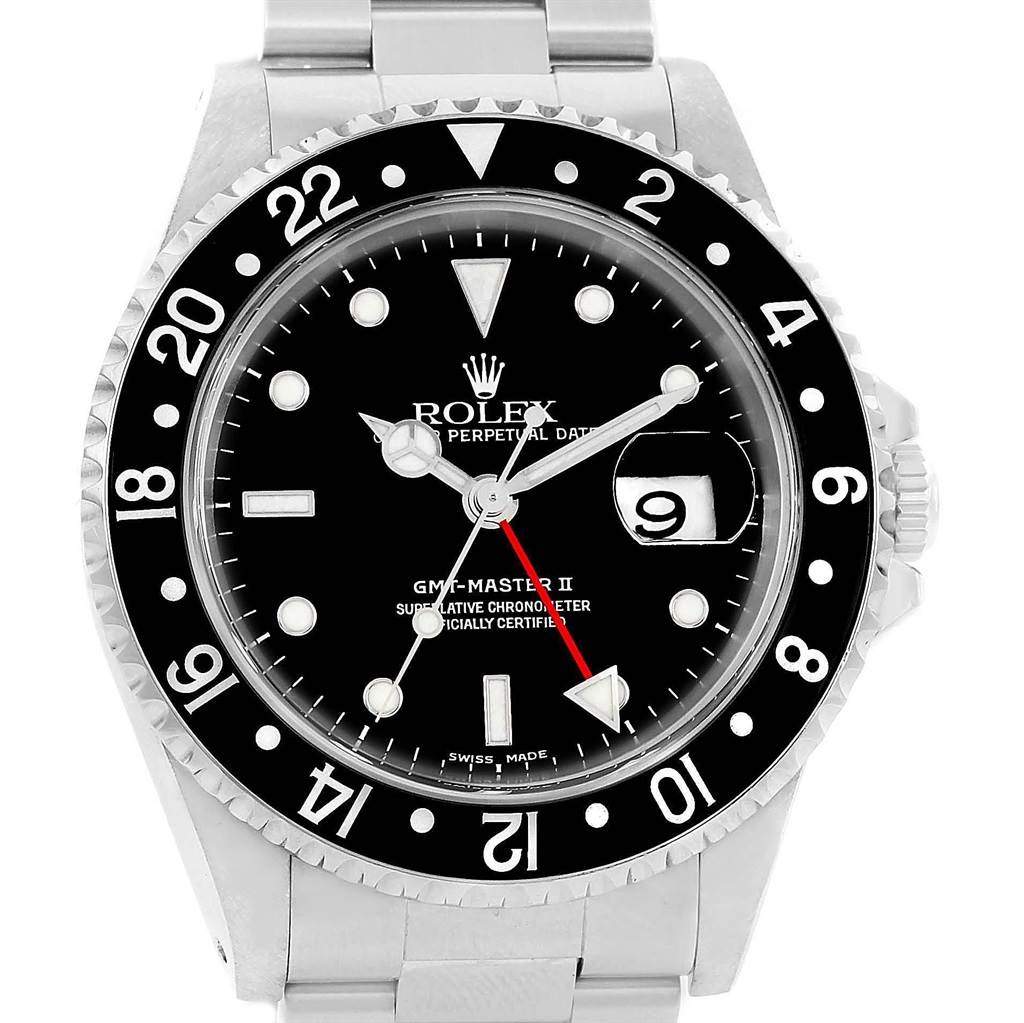 This image shows the face of a Rolex GMT-Master 16710 Men's Stainless Steel Black Dial 16710 Men's Stainless Steel Black Dial II watch, displaying the dial, bezel, hands, and date window.
