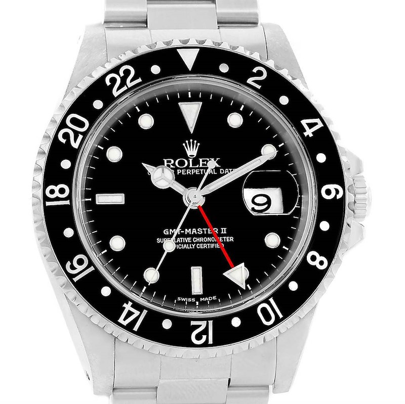 Rolex GMT Master II Black Bezel Oyster Bracelet Mens 40mm Watch 16710 SwissWatchExpo