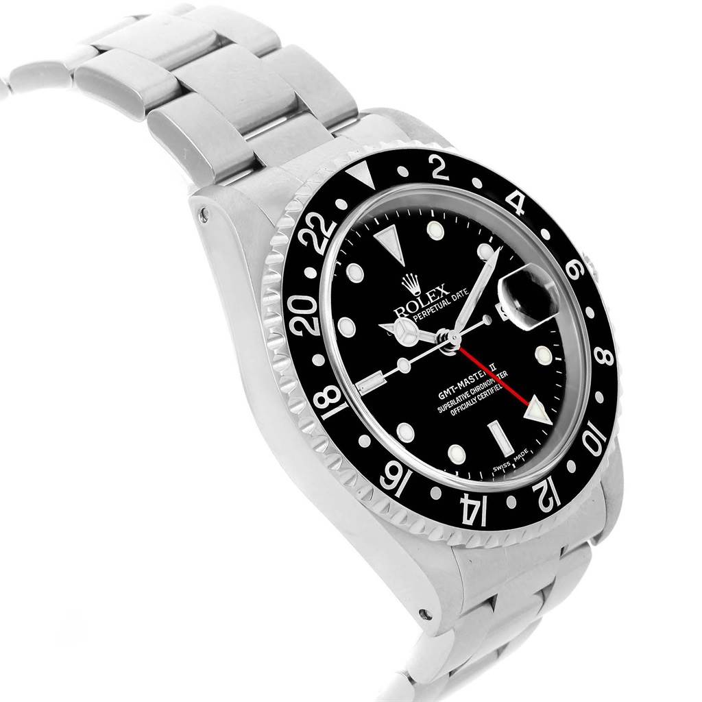 The Rolex GMT-Master 16710 Men's Stainless Steel Black Dial 16710 Men's Stainless Steel Black Dial watch is shown at a front-angle, highlighting the face, bezel, hands, and part of the bracelet.