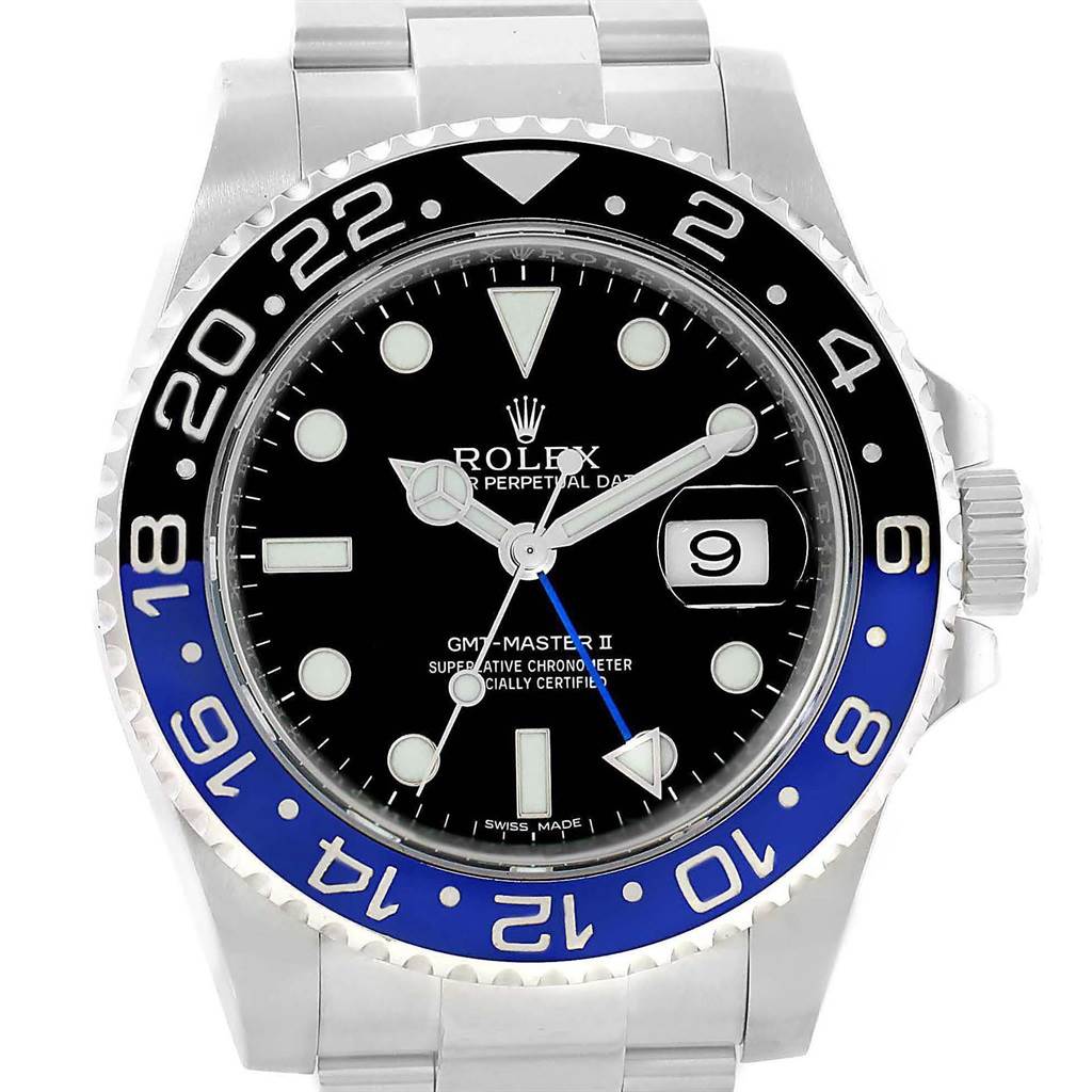 This image shows a front close-up view of a Rolex GMT-Master 116710 Men's Stainless Steel Black Dial 116710 Men's Stainless Steel Black Dial II watch, highlighting the bezel, dial, hands, and bracelet.